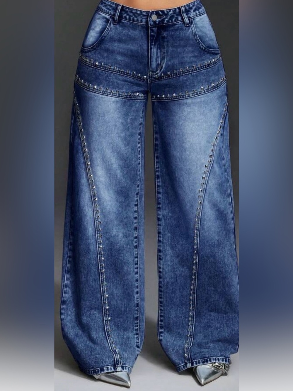 NWOT SHEIN Blue Stud-Trim Wide Leg Jeans